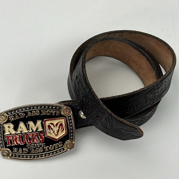 Dodge Trucks - Ram Trucks Belt Buckle on Black Leather Tooled Belt - Picture 6 of 7
